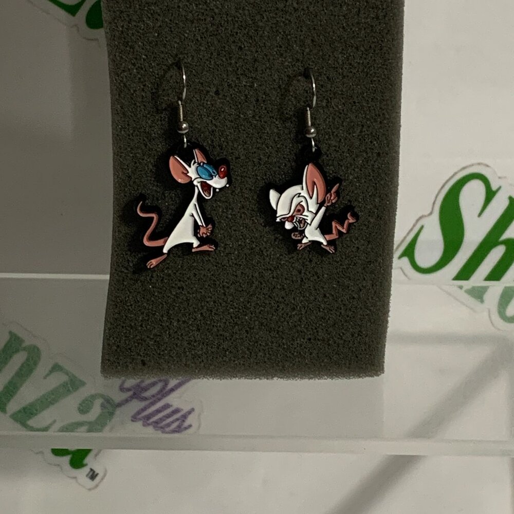 Animaniacs Pinky & The Brain Earrings Drop Dangle Hook Back Jewelry Mouse Mice